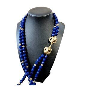 KJL For Avon Double Rams Heads Gold-Tone Necklace With Blue Beads